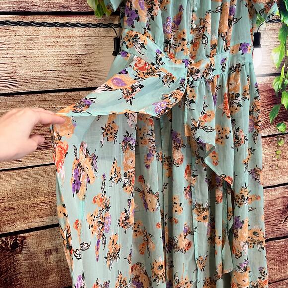 Boutique Maxi Dress Sz 1X Floral High Low Sheer Floral Boho Ruffle Short Sleeve - Picture 3 of 8
